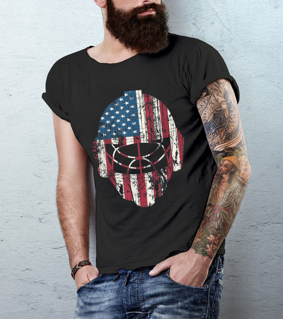 American Flag Hockey Player Helmet Vintage Grunge T-Shirt