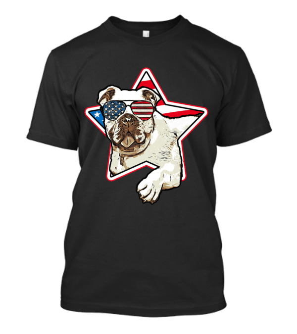 English Bulldog Lover Wearing American Flag Sunglasses Star Background July T-Shirt