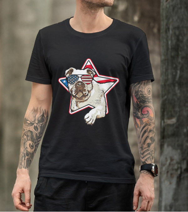 English Bulldog Lover Wearing American Flag Sunglasses Star Background July T-Shirt