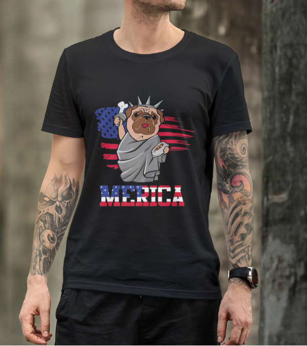English Bulldog Statue Of Liberty Merica American Flag Bone T-Shirt
