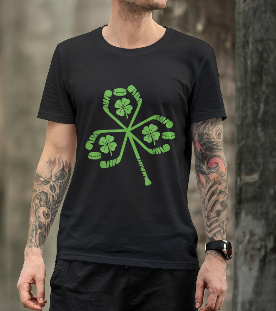 St Patrick's Day Shamrock Hockey Puck And Stick Funny T-Shirt