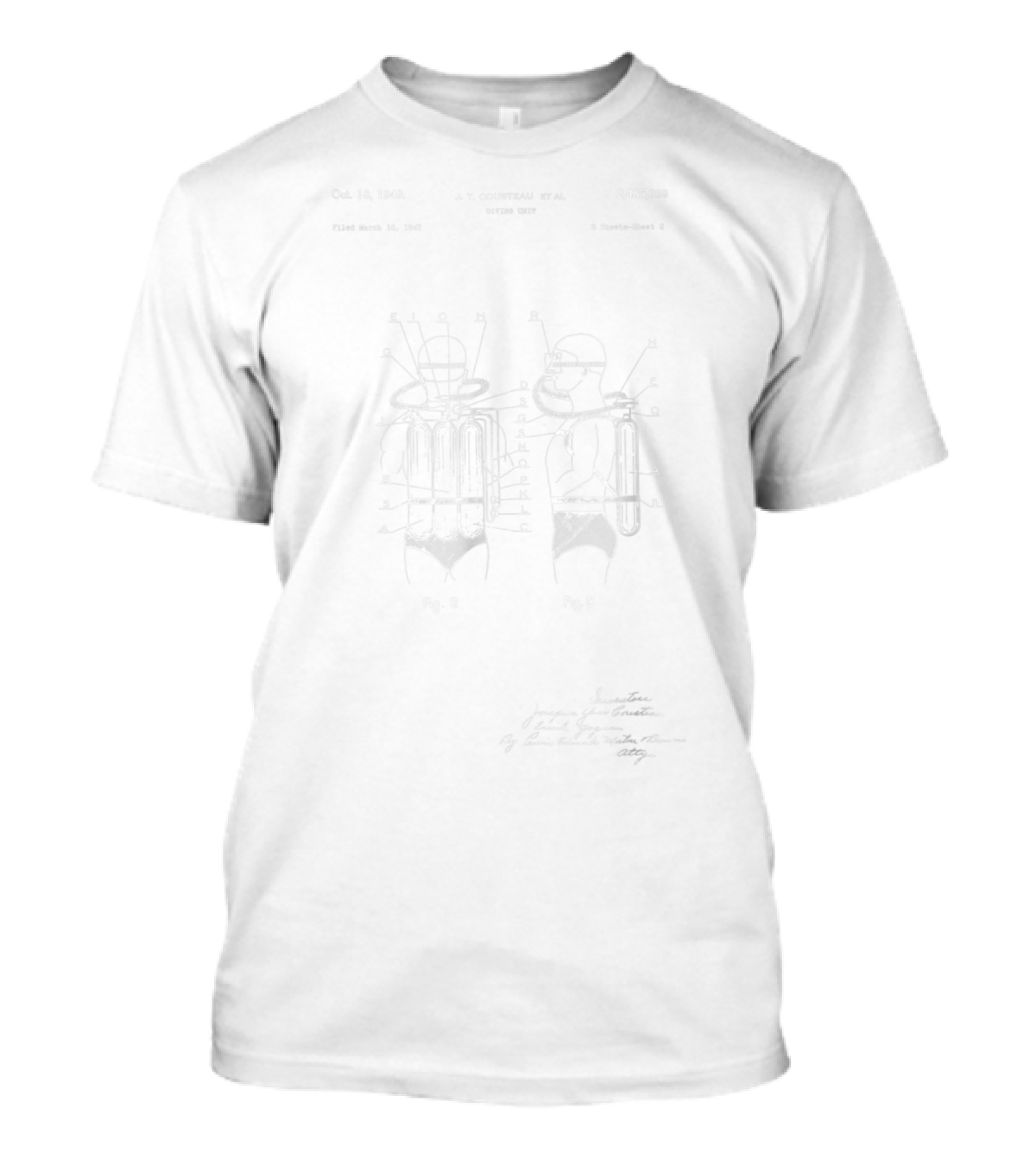 Jacques Cousteau 1949 Diving Suit Patent Diagram With Invention Details And Signature T-Shirt