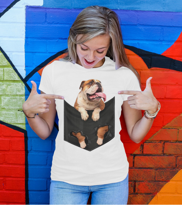 English Bulldog Breaking Through Pocket Mid T-Shirt