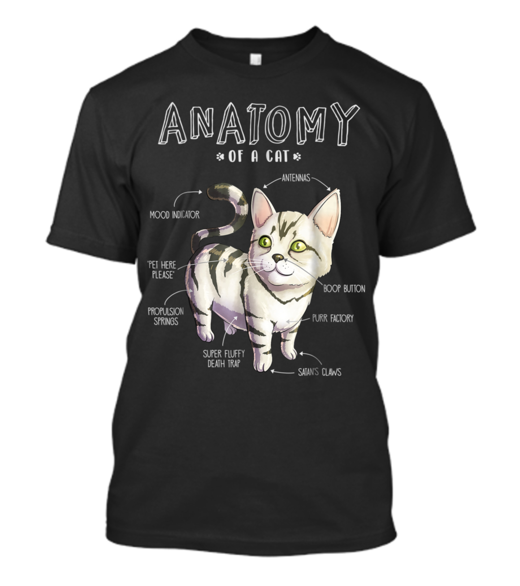 Anatomy Of A Cat With Antennas Boop Button Satan's Claws And Super Fluffy Death Trap T-Shirt
