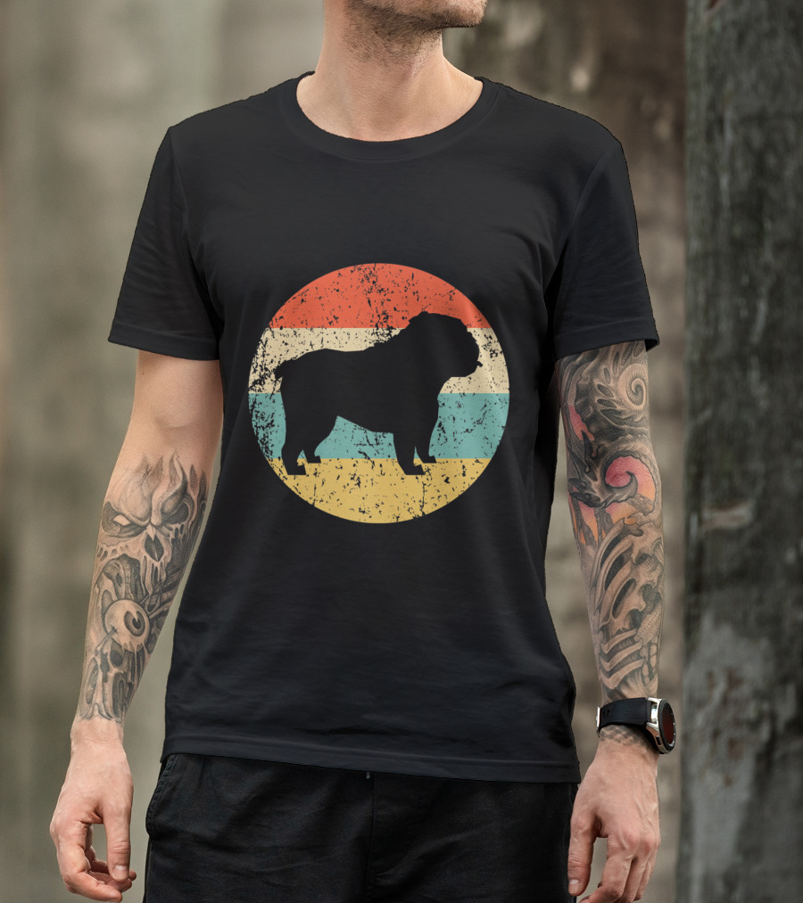Retro English Bulldog Silhouette In Vintage Rainbow Circle T-Shirt