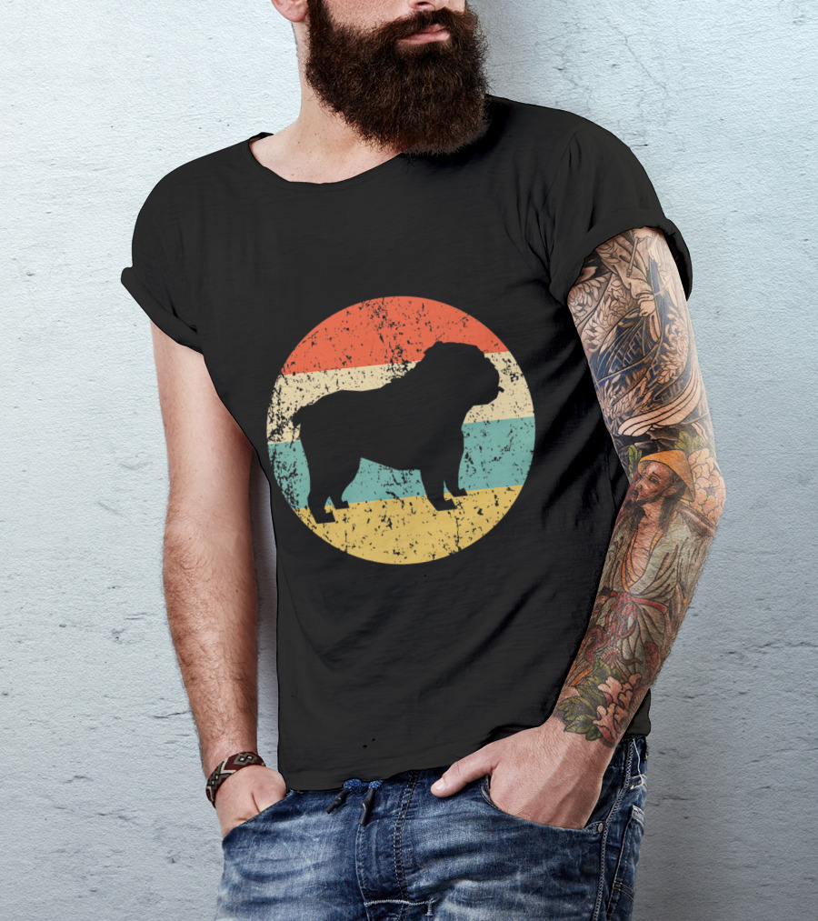 Retro English Bulldog Silhouette In Vintage Rainbow Circle T-Shirt