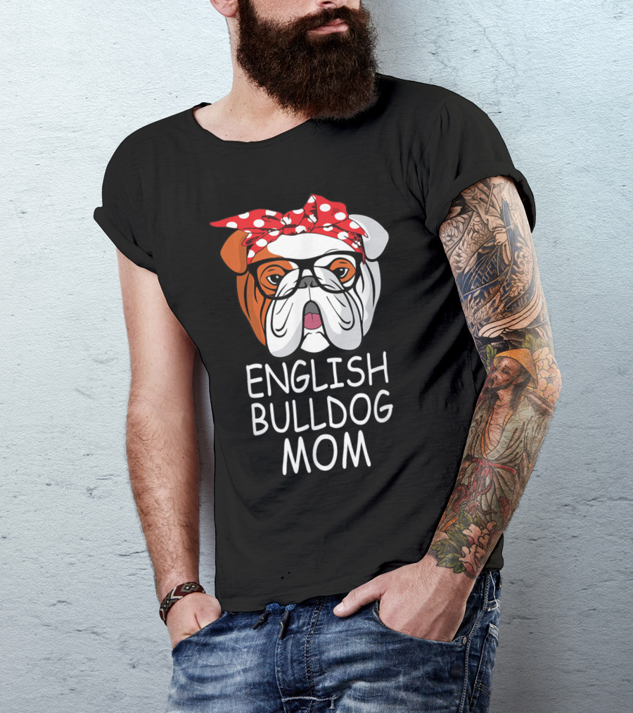 English Bulldog Mom With Polka Dot Bandana And Glasses T-Shirt