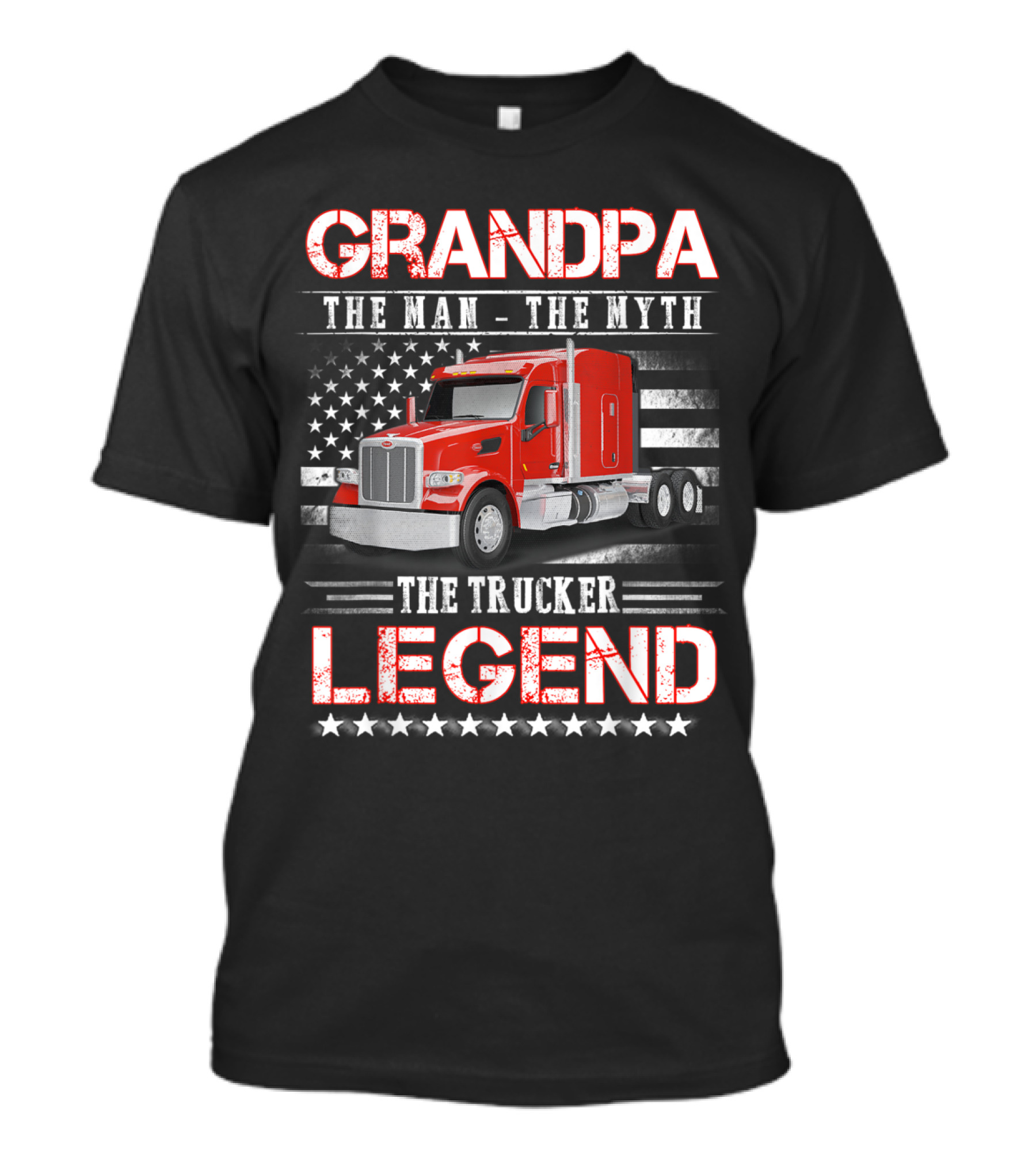 Grandpa The Man The Myth The Trucker Legend With American Flag And Red Semi Truck T-Shirt