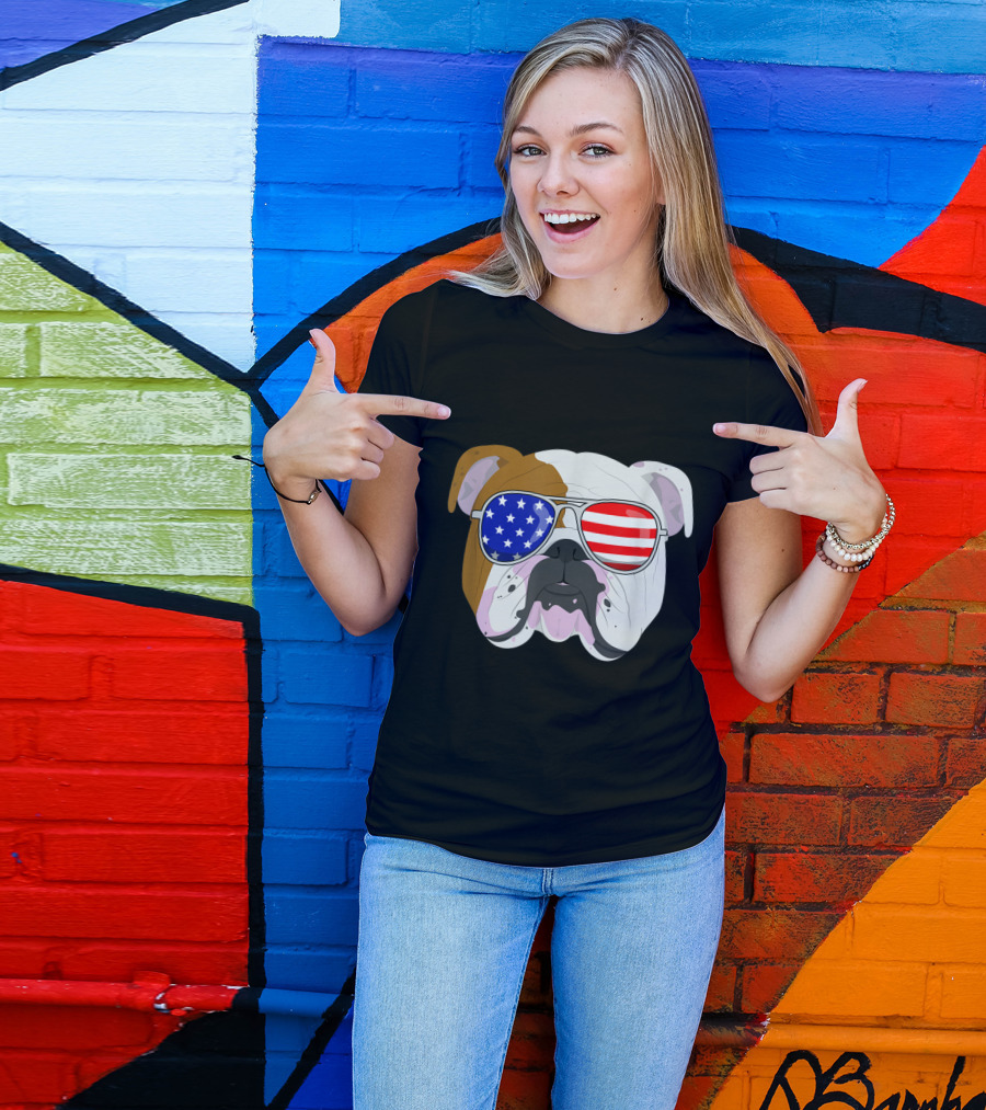 English Bulldog Wearing American Flag Sunglasses For Fourth Of July T-Shirt