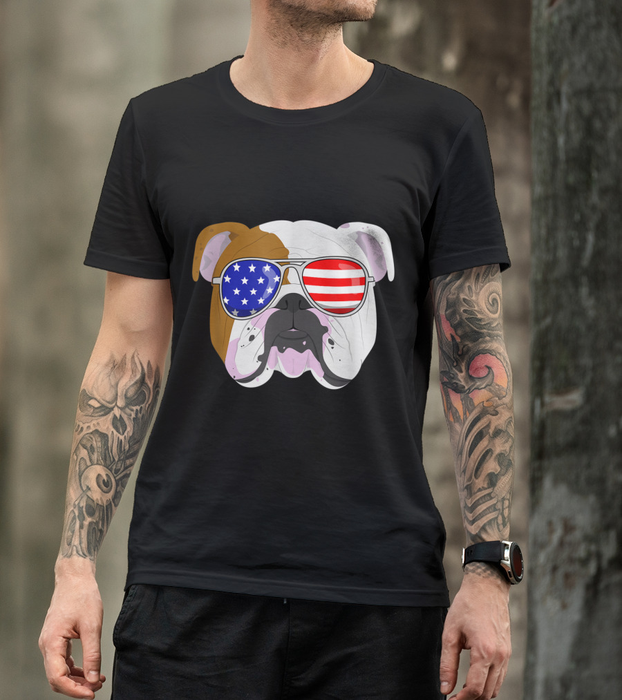 English Bulldog Wearing American Flag Sunglasses For Fourth Of July T-Shirt