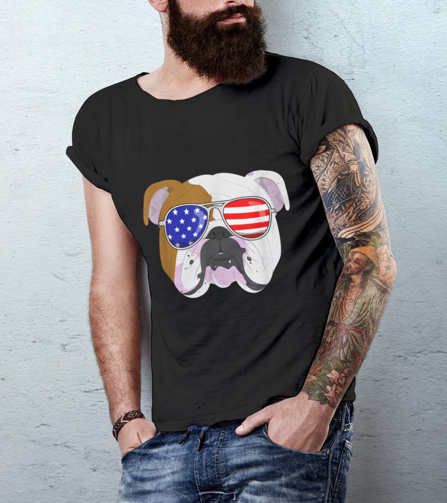 English Bulldog Wearing American Flag Sunglasses For Fourth Of July T-Shirt