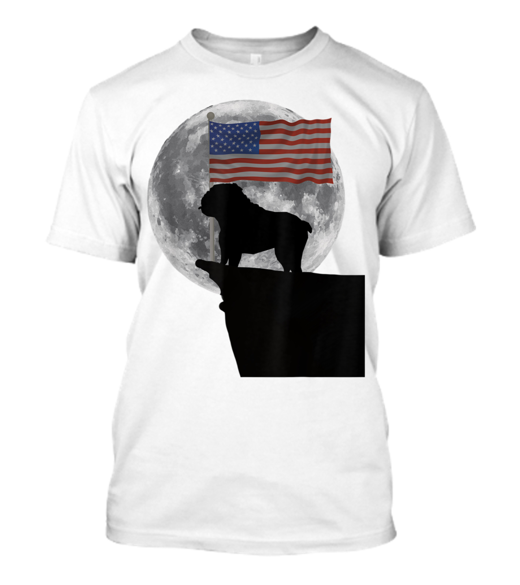 English Bulldog Silhouette With American Flag And Moon Background T-Shirt