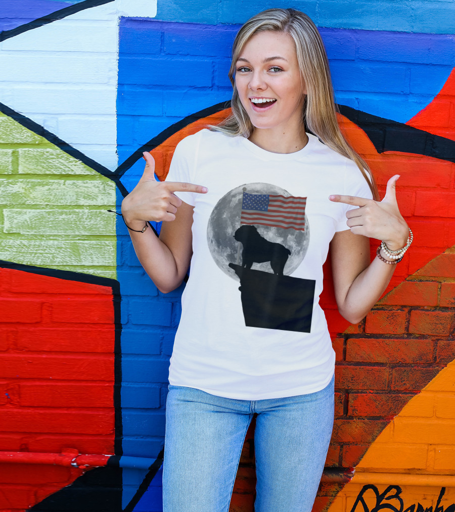 English Bulldog Silhouette With American Flag And Moon Background T-Shirt