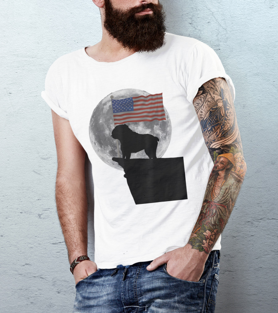 English Bulldog Silhouette With American Flag And Moon Background T-Shirt