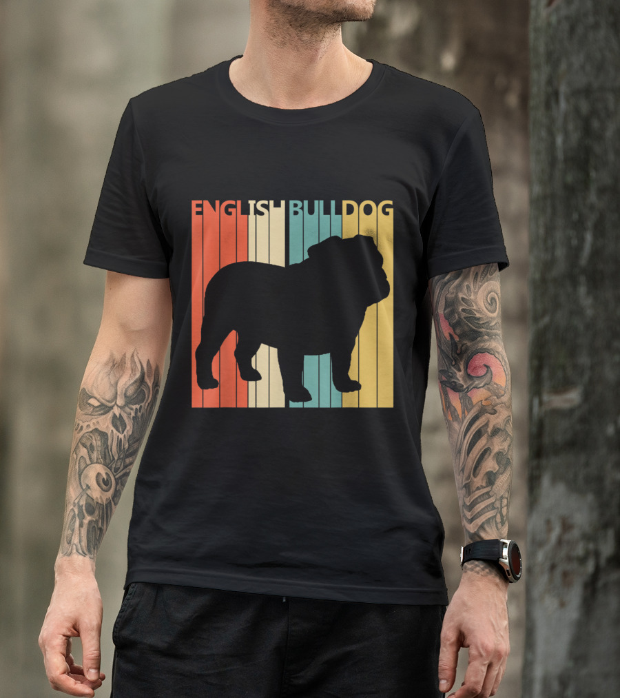 English Bulldog Silhouette Retro Stripes T-Shirt