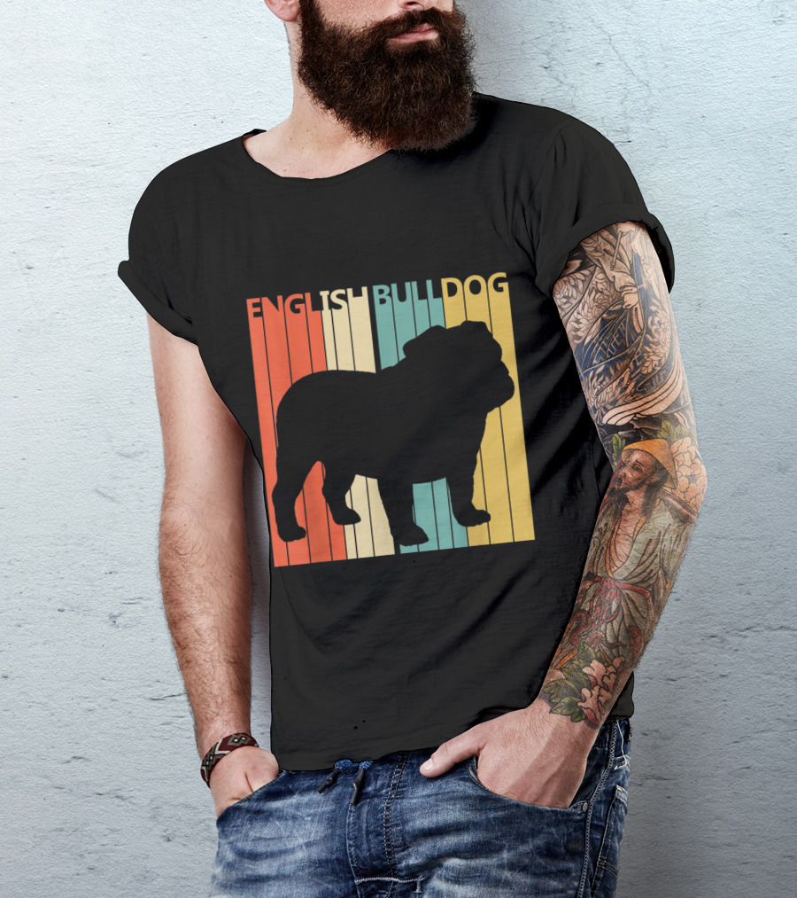 English Bulldog Silhouette Retro Stripes T-Shirt