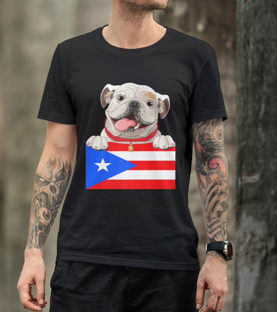 English Bulldog Holding Puerto Rico Flag T-Shirt