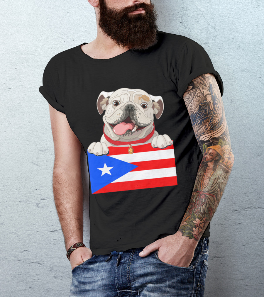 English Bulldog Holding Puerto Rico Flag T-Shirt