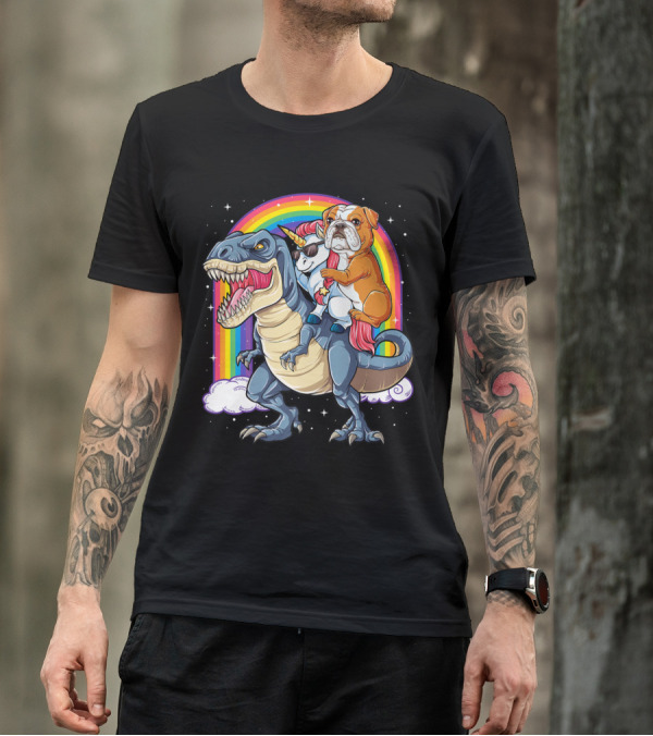 English Bulldog Riding Unicorn On Dinosaur With Rainbow In Background T-Shirt