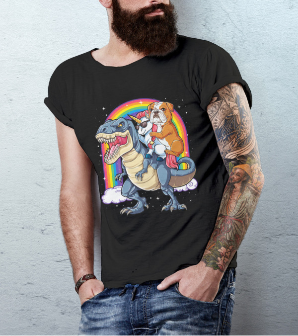 English Bulldog Riding Unicorn On Dinosaur With Rainbow In Background T-Shirt