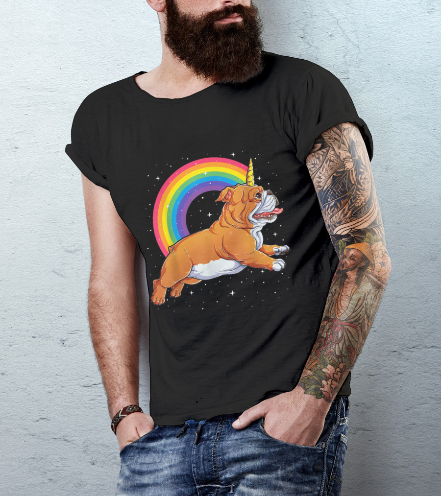 English Bulldog With Unicorn Horn And Colorful Rainbow Background T-Shirt