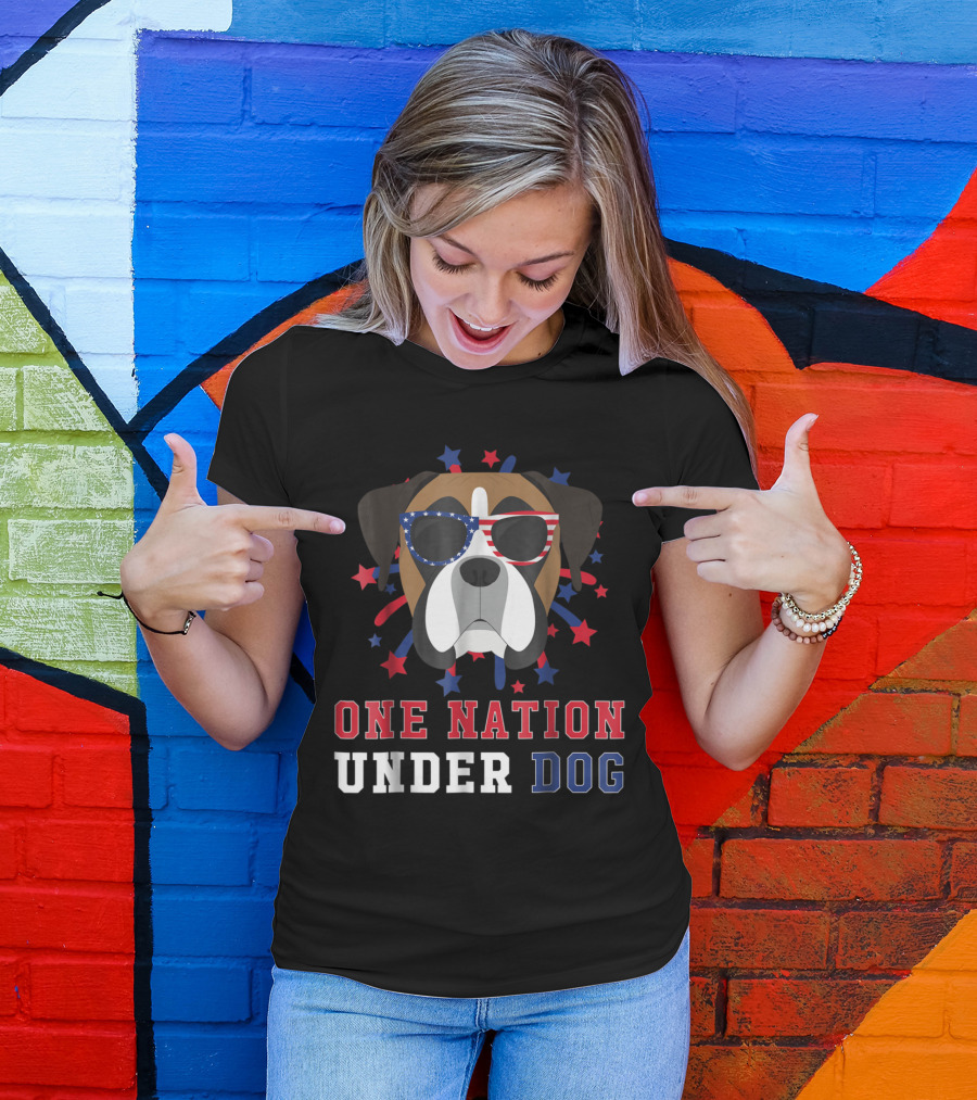 Patriotic Boxer Dog With Sunglasses One Nation Under Dog T-Shirt