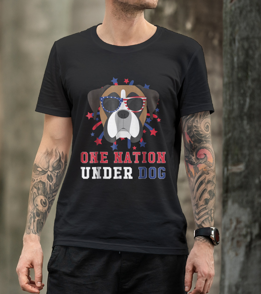 Patriotic Boxer Dog With Sunglasses One Nation Under Dog T-Shirt