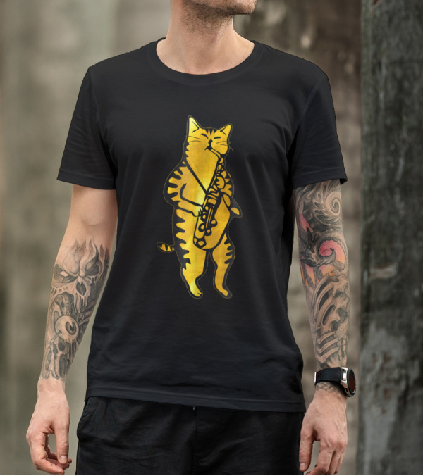 Jazz Cat Playing Golden Saxophone T-Shirt