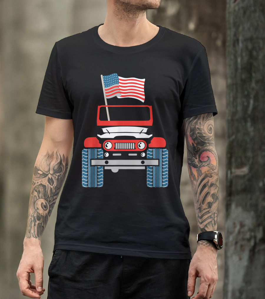Patriotic Jeep With American Flag 4th Of July USA Merica T-Shirt