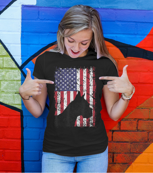 Boxer Dog Silhouette With Distressed American Flag For 4th Of July In Red White And Blue T-Shirt