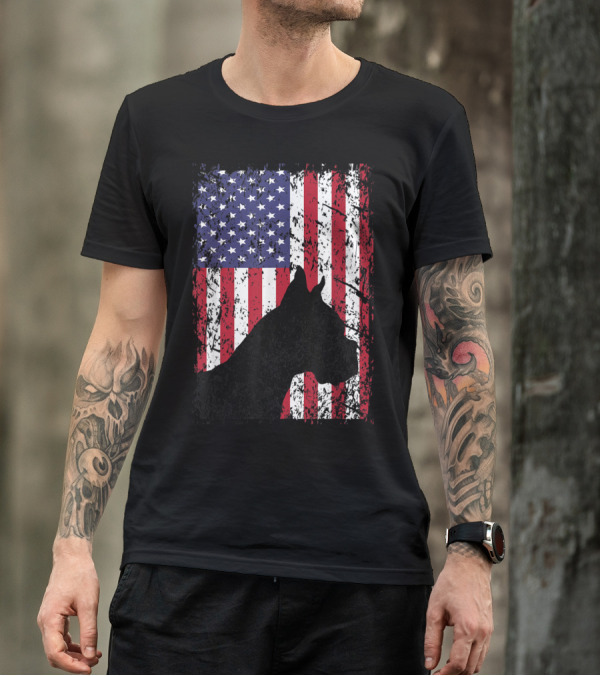 Boxer Dog Silhouette With Distressed American Flag For 4th Of July In Red White And Blue T-Shirt