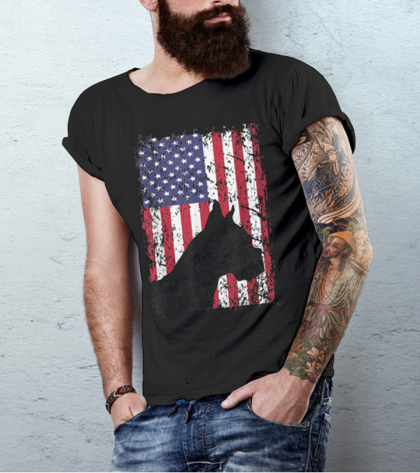 Boxer Dog Silhouette With Distressed American Flag For 4th Of July In Red White And Blue T-Shirt
