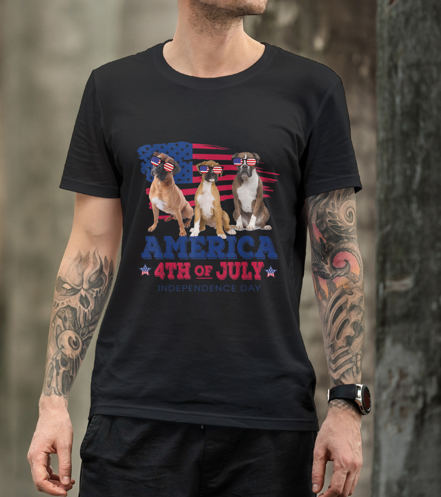 Boxer Dogs With American Flag Sunglasses America 4th Of July Independence Day T-Shirt
