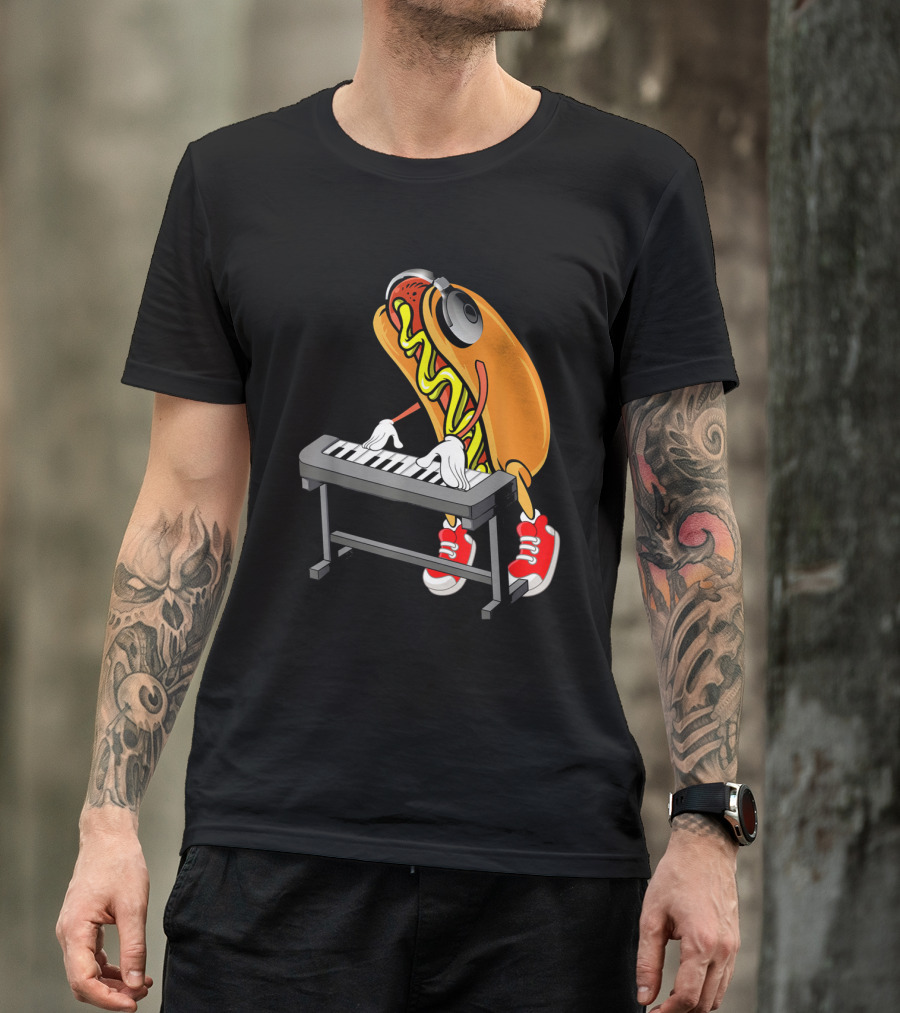 Hot Dog Playing Keyboard With Headphones And Red Sneakers T-Shirt
