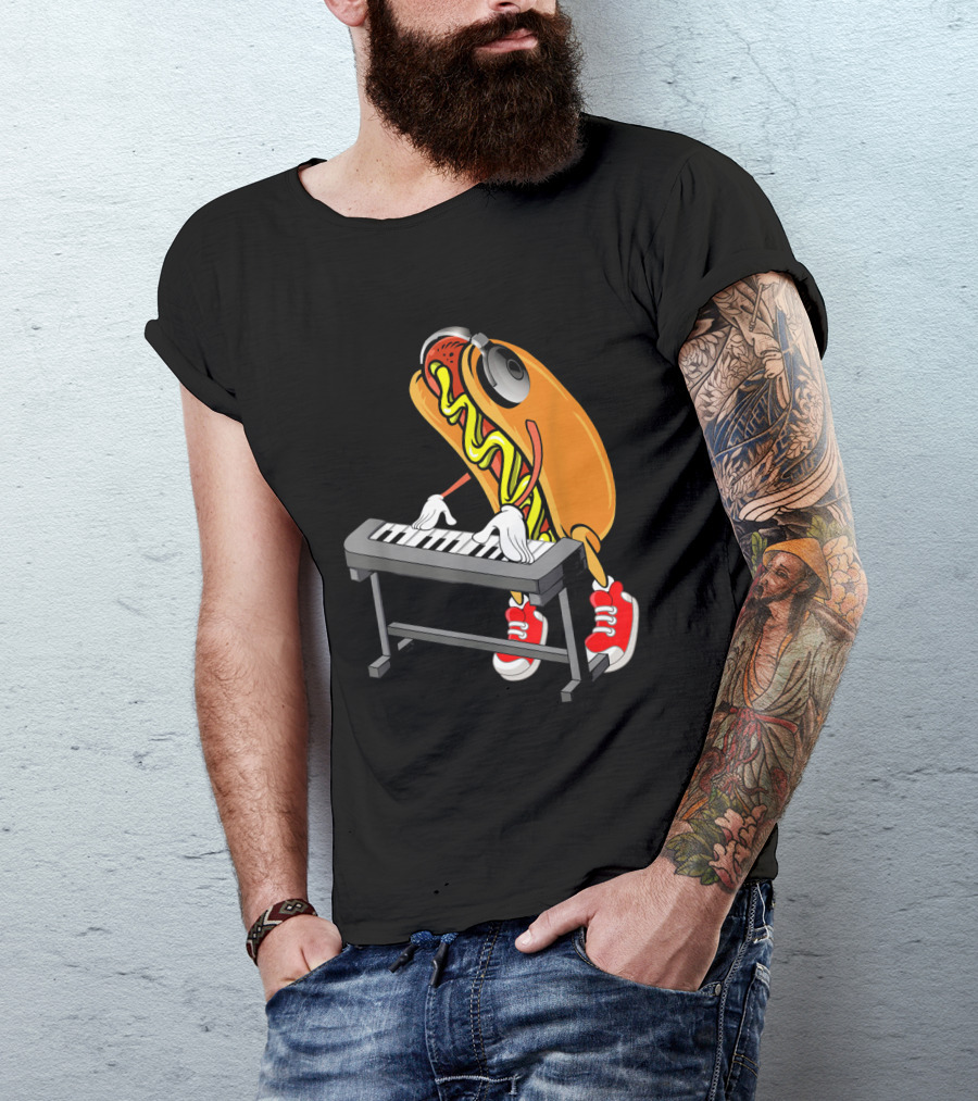 Hot Dog Playing Keyboard With Headphones And Red Sneakers T-Shirt