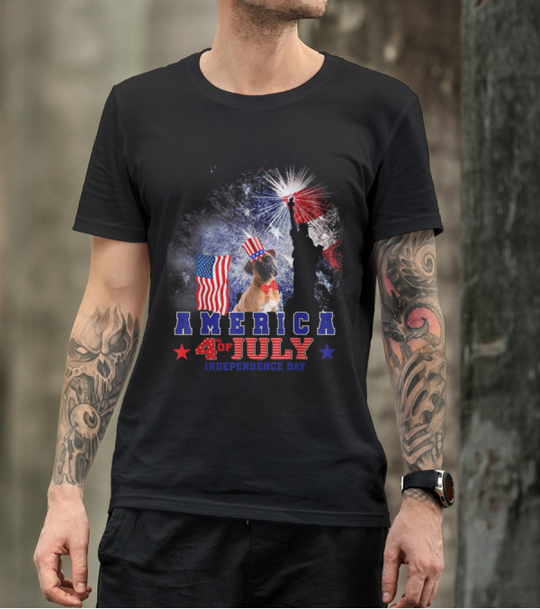 Boxer Dog In Patriotic Hat With American Flags And Statue Of Liberty 4th Of July Independence Day T-Shirt