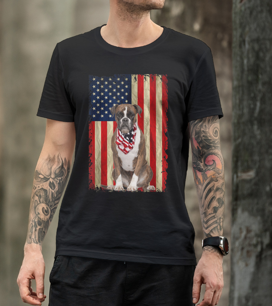 Boxer Dog With American Flag Background For 4th Of July Independence Day T-Shirt