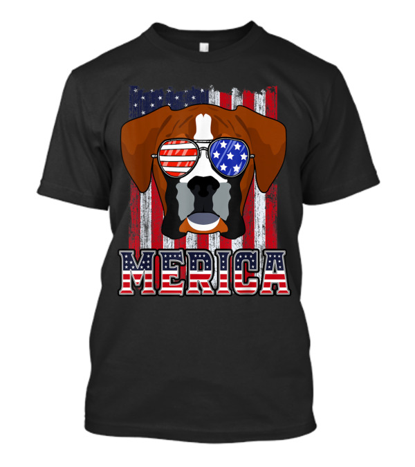 Boxer Dog American Flag Sunglasses Merica 4th Of July Patriotic T-Shirt