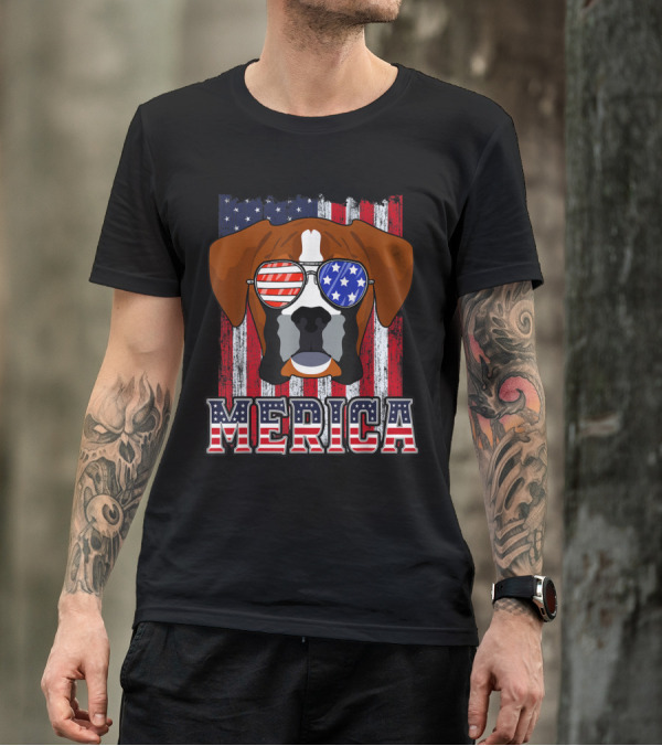 Boxer Dog American Flag Sunglasses Merica 4th Of July Patriotic T-Shirt