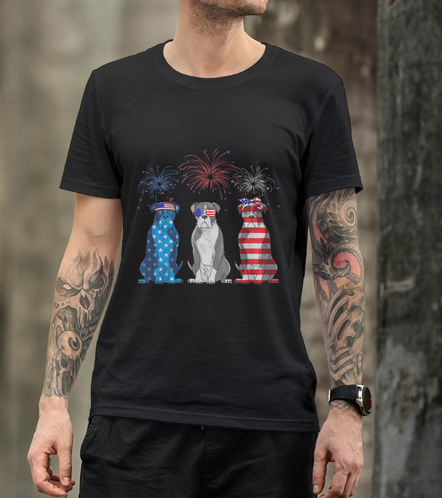 Boxer American Flag USA Fireworks Patriotic Bulldog Trio T-Shirt
