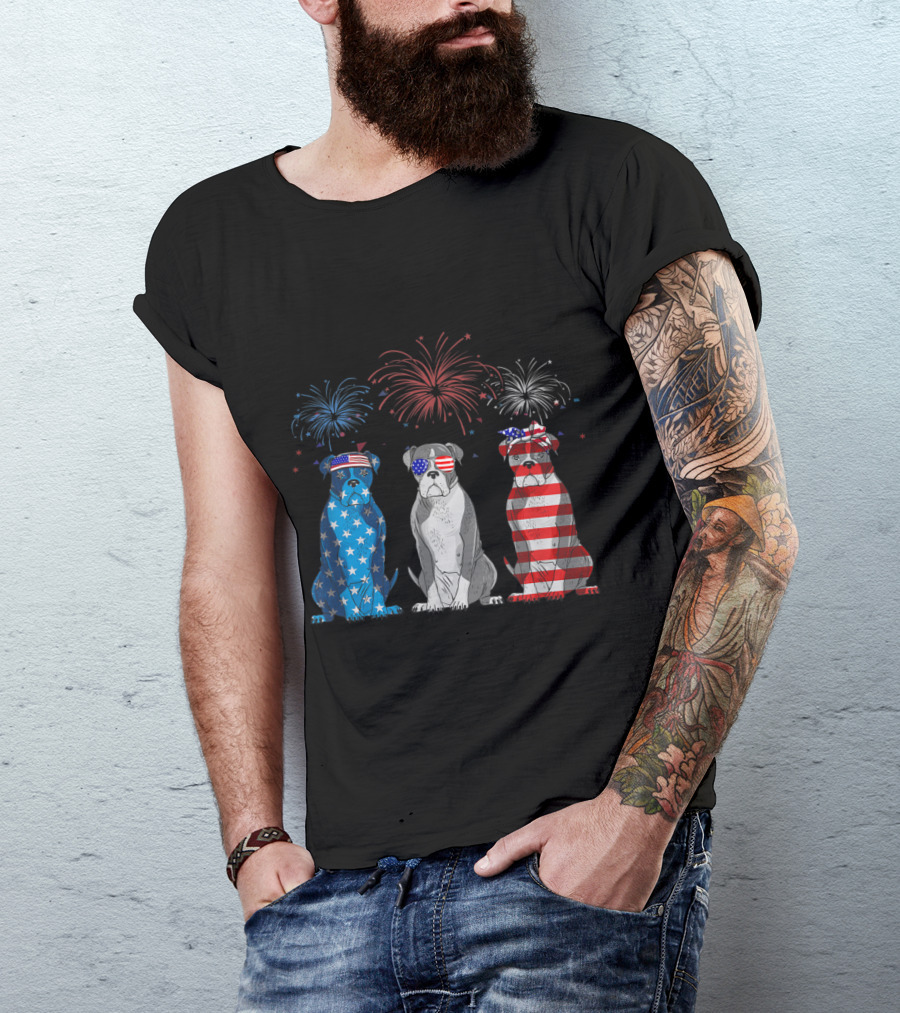 Boxer American Flag USA Fireworks Patriotic Bulldog Trio T-Shirt