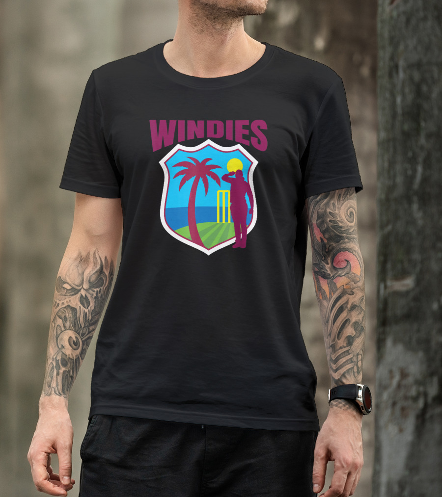 Windies Caribbean Cricketer Tropical Sunset Silhouette Crest T-Shirt
