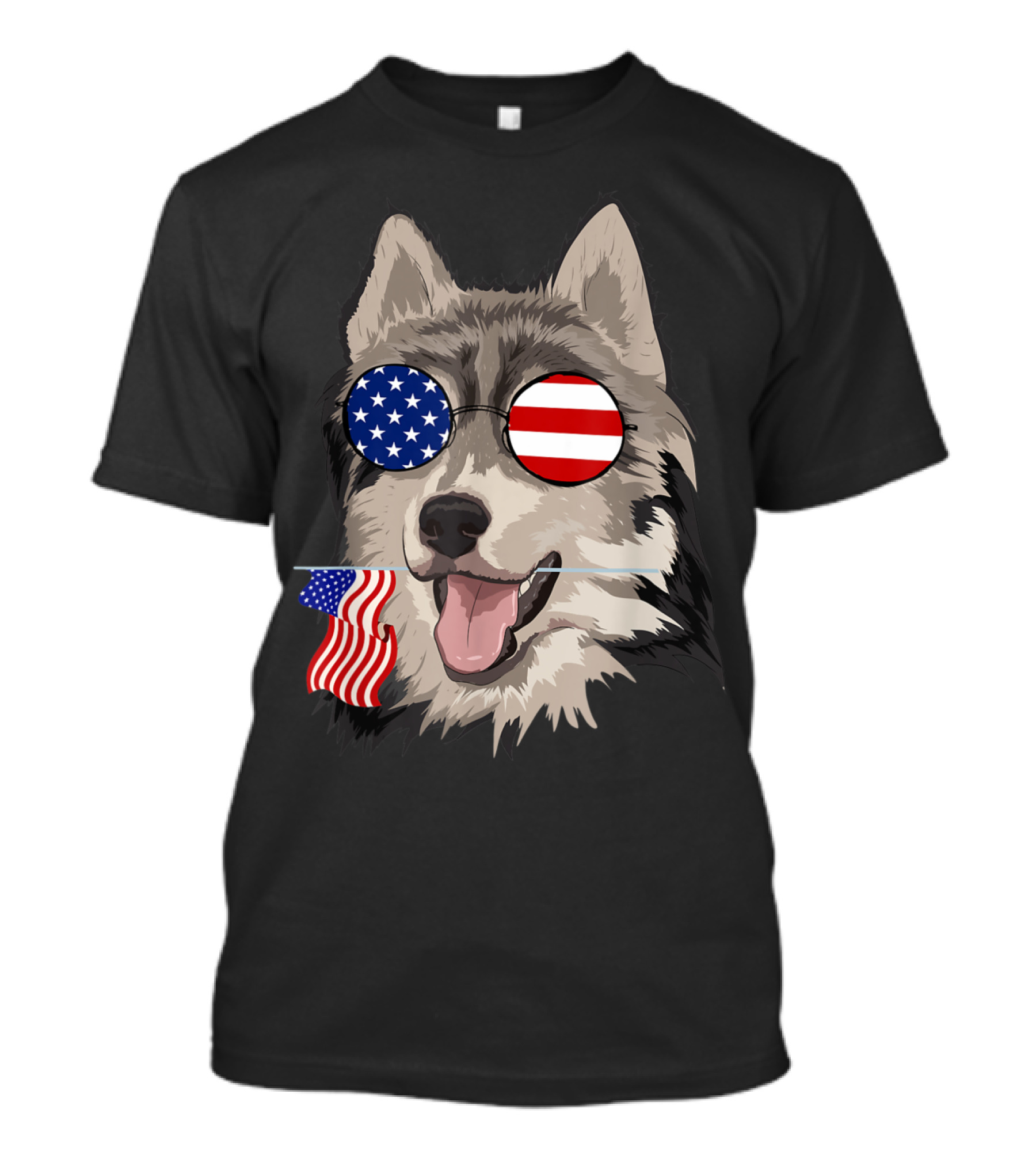 Funny Husky Dog With US Flag Sunglasses And American Flags T-Shirt