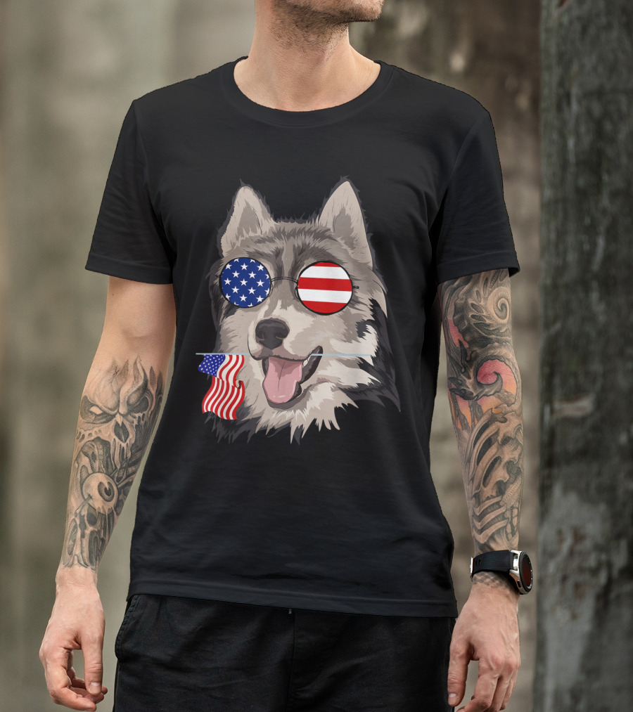 Funny Husky Dog With US Flag Sunglasses And American Flags T-Shirt