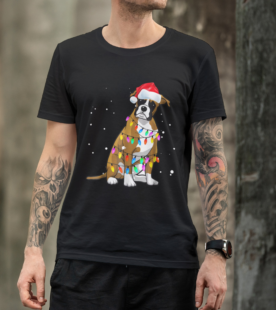 Boxer Christmas Boxer Dog Lights Santa Hat T-Shirt