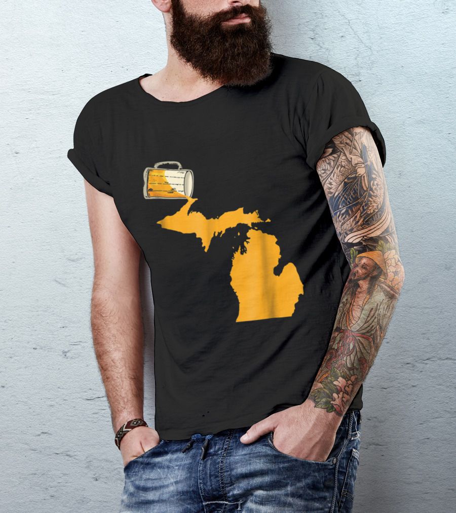 I Love Beer Pouring Over Map Of Michigan USA Funny Pat T-Shirt