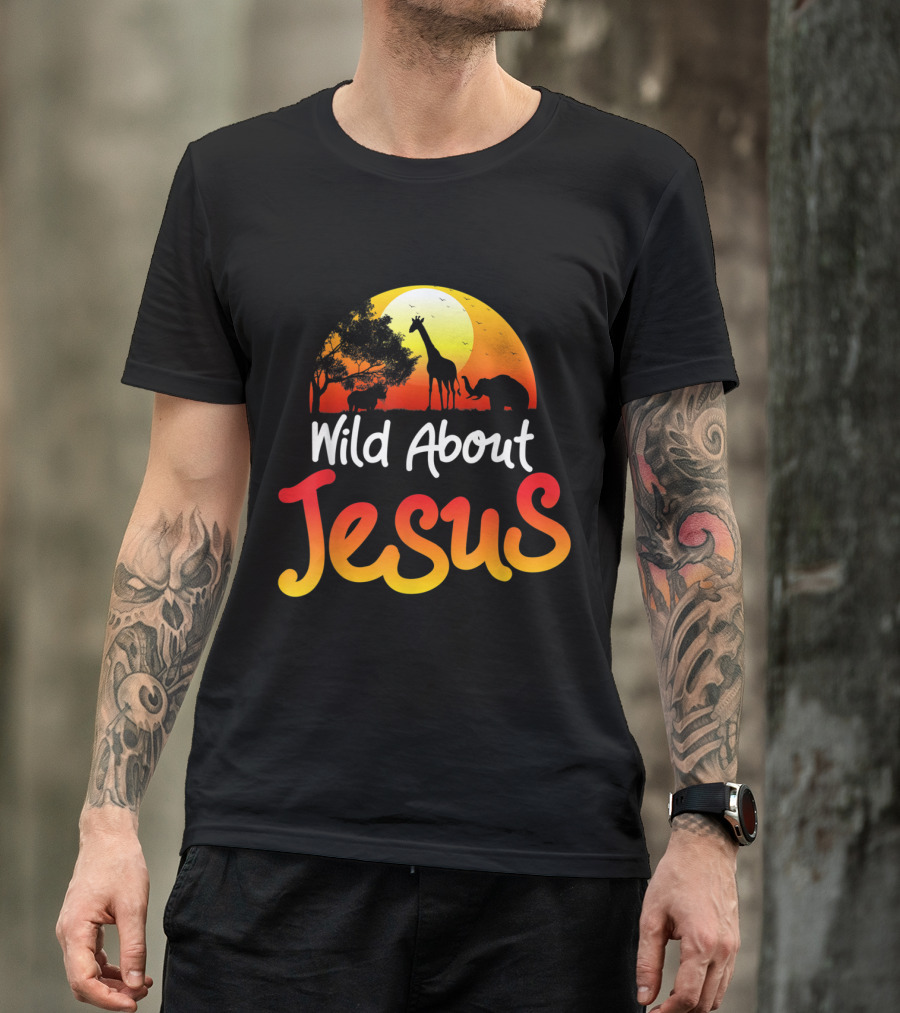Wild About Jesus African Savanna Silhouette Giraffe Elephant Sunset T-Shirt