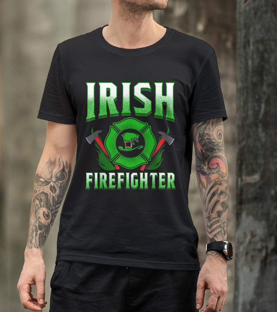 Irish Firefighter Green Maltese Cross And Hat T-Shirt