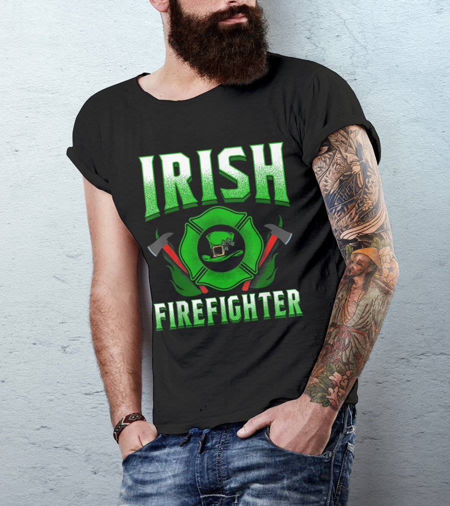 Irish Firefighter Green Maltese Cross And Hat T-Shirt