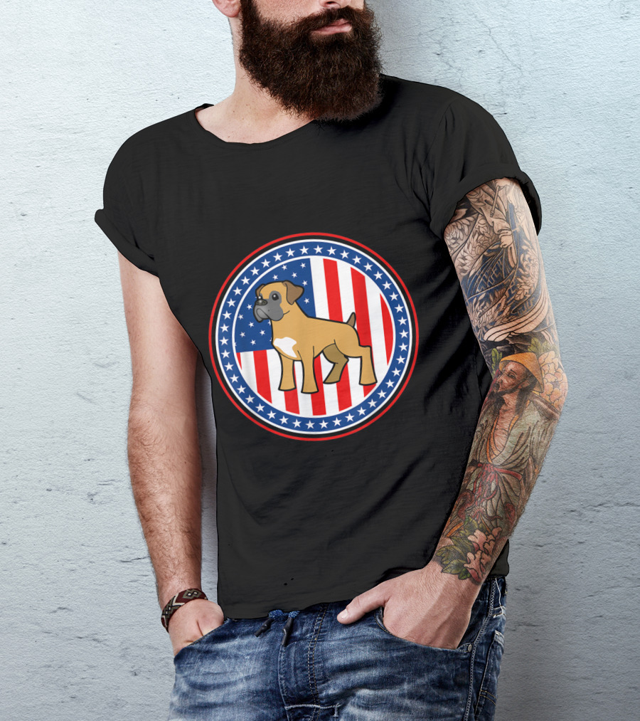 Boxer Dog American Flag 4th Of July Stars And Stripes Circular Emblem T-Shirt